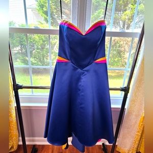 Betsey Johnson Blue Party Dress size 8 with bright gold/fuschia accent colors